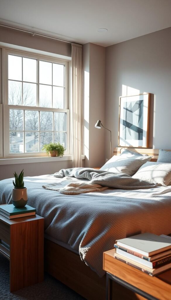 A cozy and inviting personal bedroom, bathed in warm, natural lighting filtering through large windows. The bed is adorned with plush, textured bedding in neutral tones, complementing the earthy-toned wooden furniture. Meaningful decor pieces are strategically placed, such as a framed piece of abstract art, a succulent plant, and a small stack of books on the nightstand, reflecting the owner's personality and interests. The overall atmosphere is one of relaxation, introspection, and self-expression, capturing the essence of a modern, personalized bedroom design.