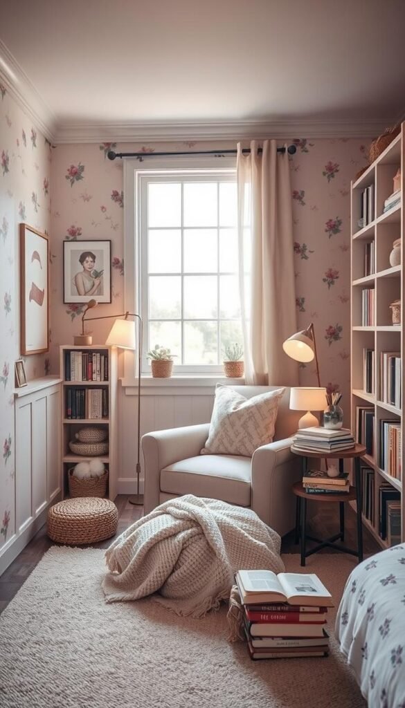 A cozy and inviting reading nook in a girls bedroom, with a plush armchair, warm lighting, and bookshelves lining the walls. Soft, muted colors create a calming atmosphere, while a large window allows natural light to filter in. A cozy throw blanket and a stack of books on a side table complete the scene, hinting at the perfect spot to curl up and get lost in a good story. The room is framed with delicate floral wallpaper and accented with rustic wooden elements, exuding a charming, feminine aesthetic. A cozy and inviting reading nook in a girls bedroom, with a plush armchair, warm lighting, and bookshelves lining the walls. Soft, muted colors create a calming atmosphere, while a large window allows natural light to filter in. A cozy throw blanket and a stack of books on a side table complete the scene, hinting at the perfect spot to curl up and get lost in a good story. The room is framed with delicate floral wallpaper and accented with rustic wooden elements, exuding a charming, feminine aesthetic.