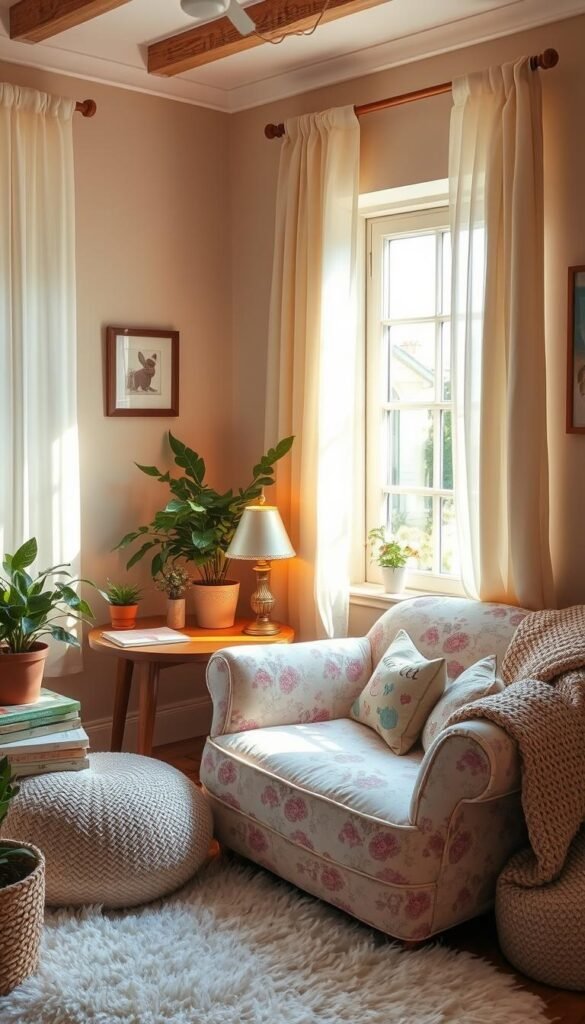 A cozy and inviting reading nook nestled in a warm, sun-dappled corner of a charming girl's bedroom. Plush, oversized armchair upholstered in a soft, muted floral pattern, complemented by a cozy knit throw blanket. Wooden side table with a stack of beloved books and a vintage table lamp casting a gentle glow. Sheer curtains frame a large window, allowing natural light to stream in and create a serene, tranquil atmosphere. Lush potted plants and a fluffy white rug underfoot complete the welcoming, relaxing ambiance, perfect for curling up with a good book.