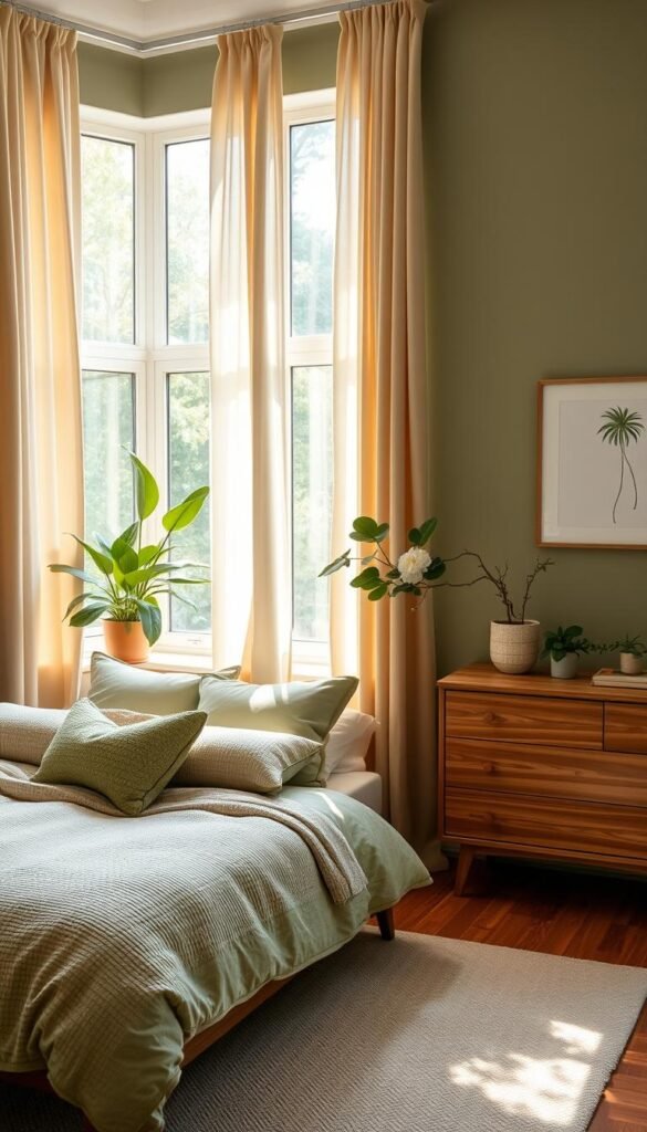 A cozy and inviting sage green bedroom, bathed in warm, diffused natural lighting from large windows. Plush, textured bedding and pillows in coordinating hues, complemented by a midcentury-inspired dresser and nightstands in a muted wood tone. Lush, potted plants and a minimal, artistic wall hanging add organic touches. The scene exudes a calming, sophisticated atmosphere, perfectly suited to showcase the elegant pairing of cream and sage curtains. A cozy and inviting sage green bedroom, bathed in warm, diffused natural lighting from large windows. Plush, textured bedding and pillows in coordinating hues, complemented by a midcentury-inspired dresser and nightstands in a muted wood tone. Lush, potted plants and a minimal, artistic wall hanging add organic touches. The scene exudes a calming, sophisticated atmosphere, perfectly suited to showcase the elegant pairing of cream and sage curtains.