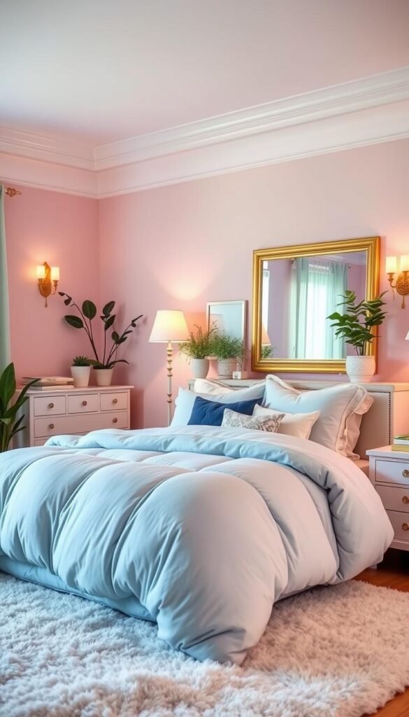 A cozy and inviting teen girl's bedroom with soft pastel hues, creating a serene and calming atmosphere. The walls are painted in a delicate pink, with subtle hints of lavender and mint accents. The plush, oversized bedding features a harmonious blend of gentle blues and greens, complemented by an array of plush throw pillows in complementary shades. Warm, diffused lighting from a pair of elegant sconces bathes the space in a gentle, flattering glow, while a large, framed mirror on the dresser reflects the comforting colors. Lush, potted plants and a fluffy area rug complete the tranquil, nature-inspired palette, evoking a serene and nurturing ambiance.