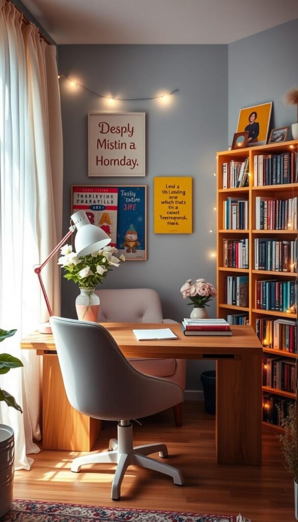 A cozy and inviting teen girl's study nook, illuminated by soft, natural lighting filtering through sheer curtains. A sturdy wooden desk with an elegant lamp and a vase of fresh flowers, complemented by a comfortable swivel chair in a pastel hue. Colorful, inspirational wall art and fairy lights create a warm and focused atmosphere, perfect for studying or creative pursuits. In the background, a bookshelf filled with textbooks and journals, reflecting the academic dedication of the space's owner. The overall scene exudes a sense of productivity, comfort, and personal style, capturing the essence of a "Study Spaces That Inspire" for a teenage girl.