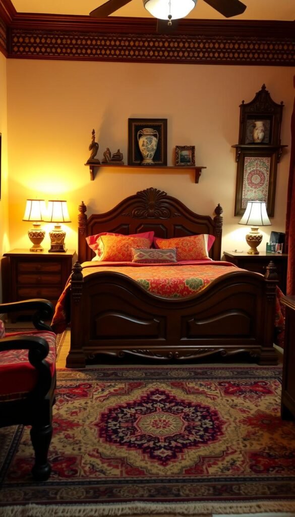A cozy and inviting traditional Pakistani bedroom, bathed in warm, soft lighting. In the foreground, a wooden bed frame with intricate carved details and a plush, colorful bedspread. Ornate wooden nightstands flank the bed, adorned with traditional Pakistani lamps. In the middle ground, a beautifully woven area rug covers the floor, complementing the rich, earthy tones of the furniture. Along the walls, ornamental wooden panels and shelves display traditional Pakistani decor, like ceramic vases and handcrafted figurines. The overall scene exudes a timeless elegance, capturing the essence of Pakistan's renowned furniture design heritage. A cozy and inviting traditional Pakistani bedroom, bathed in warm, soft lighting. In the foreground, a wooden bed frame with intricate carved details and a plush, colorful bedspread. Ornate wooden nightstands flank the bed, adorned with traditional Pakistani lamps. In the middle ground, a beautifully woven area rug covers the floor, complementing the rich, earthy tones of the furniture. Along the walls, ornamental wooden panels and shelves display traditional Pakistani decor, like ceramic vases and handcrafted figurines. The overall scene exudes a timeless elegance, capturing the essence of Pakistan's renowned furniture design heritage.