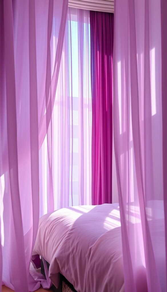 A cozy and luxurious bedroom, bathed in the warm glow of natural light filtering through an array of plush curtains in various shades of purple. The curtains cascade gracefully from the ceiling, creating a sense of depth and elegance. Delicate lavender hues blend seamlessly with deeper, richer tones of amethyst and eggplant, forming a harmonious palette that instantly captures the eye. The curtains are made of high-quality, flowing fabrics that gently sway, inviting you to sink into the tranquility of the space. The overall atmosphere is one of refined sophistication, where the different shades of purple create a soothing and calming ambiance, perfect for a restful and luxurious bedroom retreat.