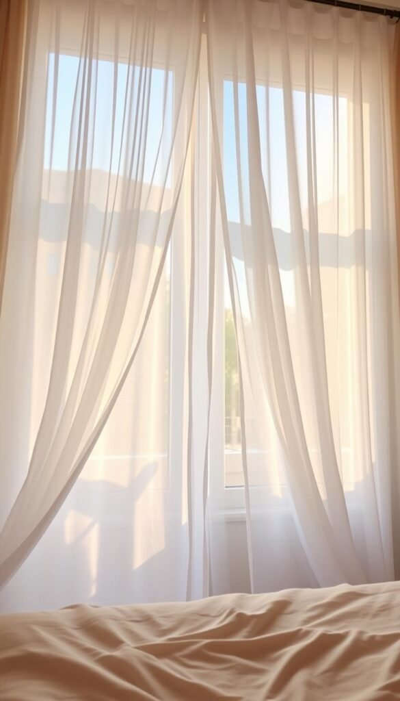 A cozy and serene girls' bedroom with soft, sheer curtains gently billowing in the natural light. The curtains are made of delicate, gossamer fabric that filters the sunlight, creating a warm, diffused glow throughout the space. The curtains are layered over a set of solid-colored drapes, adding depth and visual interest to the window treatment. The overall mood is one of tranquility and feminine elegance, with the sheer curtains lending an airy, romantic ambiance to the room. The camera angle captures a three-quarter view, highlighting the graceful movement of the curtains and the inviting atmosphere of the space.