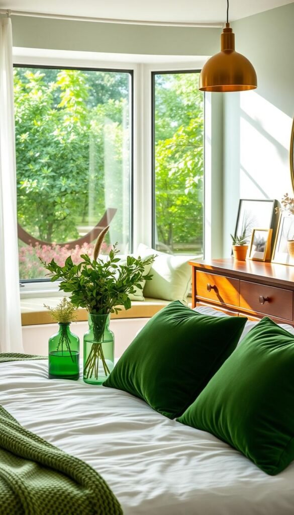 A cozy and serene green bedroom, bathed in soft natural light filtering through lush foliage outside. In the foreground, a plush bed with crisp white bedding, accented by plush green velvet pillows and a cozy knitted throw. Decorative glass vases filled with freshly cut seasonal greenery add pops of vibrant color. The middle ground showcases a charming window seat, cushioned in a complementary hue, overlooking a garden blooming with vibrant flora. In the background, a wooden dresser displays framed nature photographs and delicate potted plants, creating a harmonious, nature-inspired ambiance. Warm, diffused lighting from a modern brass pendant casts a gentle glow, evoking a sense of tranquility and seasonal comfort. A cozy and serene green bedroom, bathed in soft natural light filtering through lush foliage outside. In the foreground, a plush bed with crisp white bedding, accented by plush green velvet pillows and a cozy knitted throw. Decorative glass vases filled with freshly cut seasonal greenery add pops of vibrant color. The middle ground showcases a charming window seat, cushioned in a complementary hue, overlooking a garden blooming with vibrant flora. In the background, a wooden dresser displays framed nature photographs and delicate potted plants, creating a harmonious, nature-inspired ambiance. Warm, diffused lighting from a modern brass pendant casts a gentle glow, evoking a sense of tranquility and seasonal comfort.