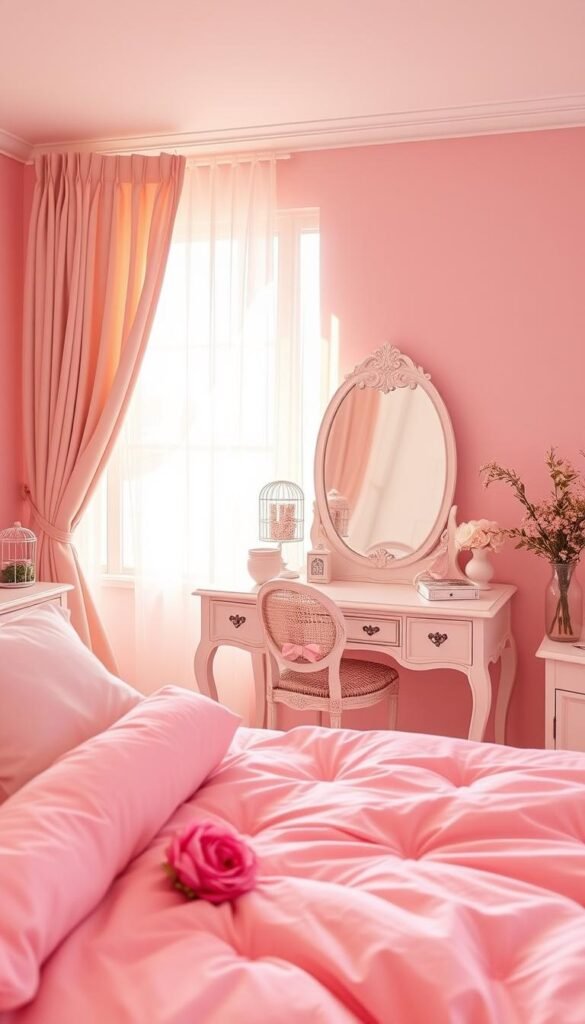 A cozy and serene pink bedroom with a soft, warm lighting. The foreground showcases a beautifully curated color palette, featuring a plush pink comforter, coordinated pillows, and a delicate floral accent. The middle ground presents a charming vanity with a large, ornate mirror, surrounded by dainty decor items. In the background, a sheer curtain gently sways, allowing natural light to filter through, creating a dreamy, romantic atmosphere. The overall scene emanates a sense of comfort, femininity, and youthful sophistication, perfectly capturing the essence of a girl's dream bedroom.