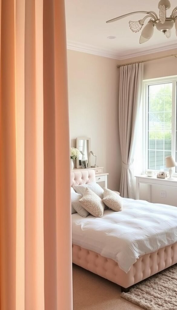 A cozy and sophisticated girl's bedroom with timeless yet trendy curtains. In the foreground, long, flowing curtains in a soft pastel hue cascade elegantly, casting a warm, diffused glow. The middle ground features a plush, tufted bed with crisp white linens and an assortment of decorative pillows in complementary colors and patterns. In the background, a wall-mounted vanity table showcases delicate trinkets and makeup essentials, while a large window allows natural light to bathe the space in a serene, inviting ambiance. The overall scene conveys a sense of timeless elegance and modern, youthful charm.