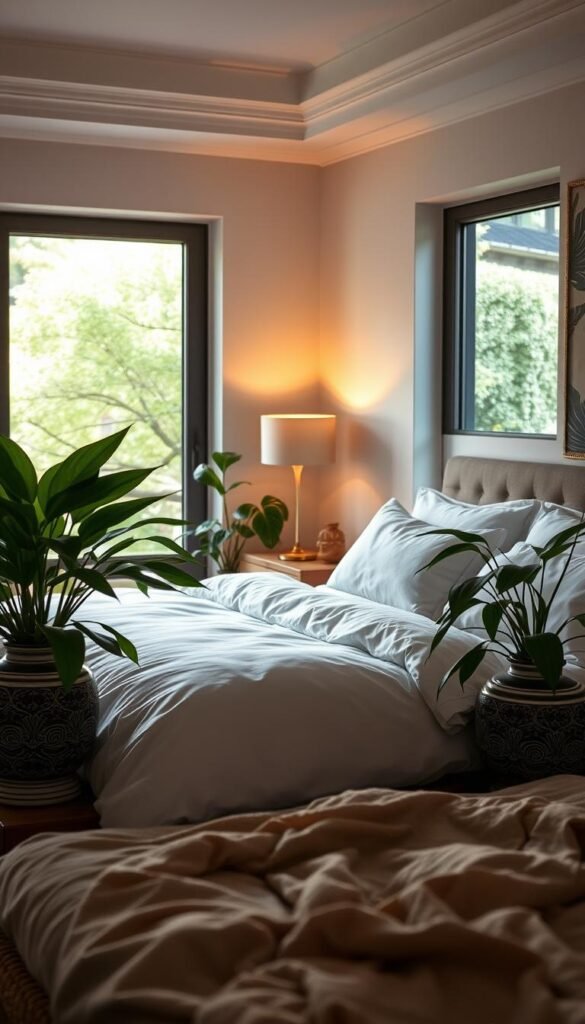 A cozy and tranquil bedroom bathed in soft, warm lighting. The foreground features a plush king-size bed adorned with crisp white linens and an abundance of fluffy pillows. Lush, verdant houseplants in ornate ceramic pots flank the bed, their leaves gently swaying. The middle ground showcases a minimalist wooden nightstand with a sleek lamp emitting a golden glow. In the background, large windows offer a view of a serene outdoor garden, the natural light filtering in and creating a harmonious, restorative atmosphere. The overall scene conveys a sense of relaxation and well-being, perfect for a modern, nature-inspired bedroom design.