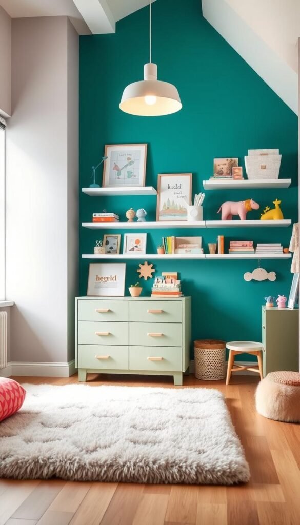A cozy and vibrant children's bedroom with a modern color palette. In the foreground, a plush area rug in soft pastel hues complements the natural wood floors. Against the wall, a minimalist dresser in a soft sage green anchors the space. The middle ground features a vibrant accent wall in a rich, saturated teal, creating a focal point. Floating shelves in a contrasting white display an array of playful decor, books, and toys. Gentle, diffused lighting from a modern pendant fixture illuminates the scene, evoking a warm, welcoming atmosphere. The overall design strikes a balance between playfulness and sophistication, perfect for a growing girl's personal oasis.
