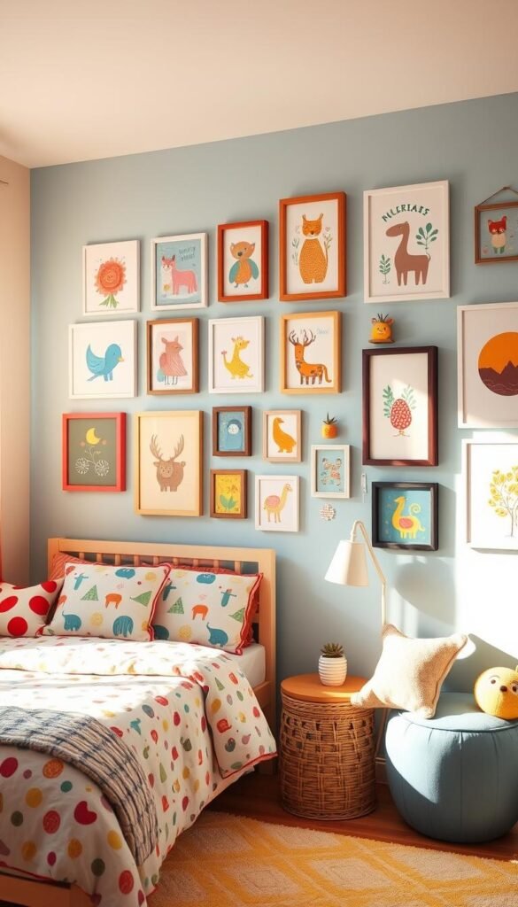 A cozy and vibrant kids' bedroom with an accent wall showcasing a whimsical art display. The accent wall is painted in a soft pastel blue, creating a soothing backdrop. Hanging on the wall are a variety of framed artwork, including colorful illustrations of playful animals, abstract shapes, and lively patterns. The artwork is arranged in a visually appealing and harmonious composition, with some pieces clustered together and others spaced out. The room is flooded with warm, natural lighting, casting a gentle glow on the artwork and the surrounding decor. The overall atmosphere is one of creativity, imagination, and a touch of youthful playfulness, perfectly suited for a child's personal space.