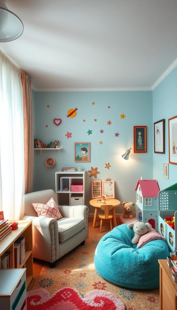 A cozy and vibrant kids' bedroom with distinct activity zones: a reading nook with a comfy armchair and bookshelf, a craft station with a small table and art supplies, and a play area with plush beanbags and a dollhouse. Soft lighting filters through sheer curtains, creating a warm and inviting atmosphere. The walls are adorned with whimsical wall decals and framed artwork, adding pops of color. The room is filled with a sense of wonder and creativity, inspiring the young occupant to explore and engage in a variety of activities within their personal space. A cozy and vibrant kids' bedroom with distinct activity zones: a reading nook with a comfy armchair and bookshelf, a craft station with a small table and art supplies, and a play area with plush beanbags and a dollhouse. Soft lighting filters through sheer curtains, creating a warm and inviting atmosphere. The walls are adorned with whimsical wall decals and framed artwork, adding pops of color. The room is filled with a sense of wonder and creativity, inspiring the young occupant to explore and engage in a variety of activities within their personal space.