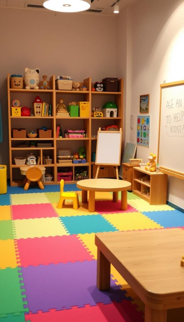 A cozy and vibrant kids' play zone with colorful activity mats, a wooden play table, and a whiteboard for creative expression. Soft lighting illuminates the space, creating a warm and inviting atmosphere. In the background, shelves display a variety of toys, books, and learning materials, encouraging imaginative play and intellectual stimulation. The room is designed with safety and functionality in mind, providing a dedicated area for children to explore, discover, and have fun. A cozy and vibrant kids' play zone with colorful activity mats, a wooden play table, and a whiteboard for creative expression. Soft lighting illuminates the space, creating a warm and inviting atmosphere. In the background, shelves display a variety of toys, books, and learning materials, encouraging imaginative play and intellectual stimulation. The room is designed with safety and functionality in mind, providing a dedicated area for children to explore, discover, and have fun.
