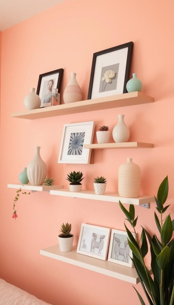 A cozy and well-coordinated decorative wall shelf display, featuring an assortment of pastel-colored vases, framed artwork, and small potted succulents. The shelves are mounted on a soft peach-toned accent wall, with warm, directional lighting illuminating the curated arrangements. The overall scene exudes a calming and feminine atmosphere, suitable for a small girl's bedroom. The camera angle captures the shelves at a slight downward tilt, emphasizing the carefully considered placement and styling of the displayed items. A cozy and well-coordinated decorative wall shelf display, featuring an assortment of pastel-colored vases, framed artwork, and small potted succulents. The shelves are mounted on a soft peach-toned accent wall, with warm, directional lighting illuminating the curated arrangements. The overall scene exudes a calming and feminine atmosphere, suitable for a small girl's bedroom. The camera angle captures the shelves at a slight downward tilt, emphasizing the carefully considered placement and styling of the displayed items.
