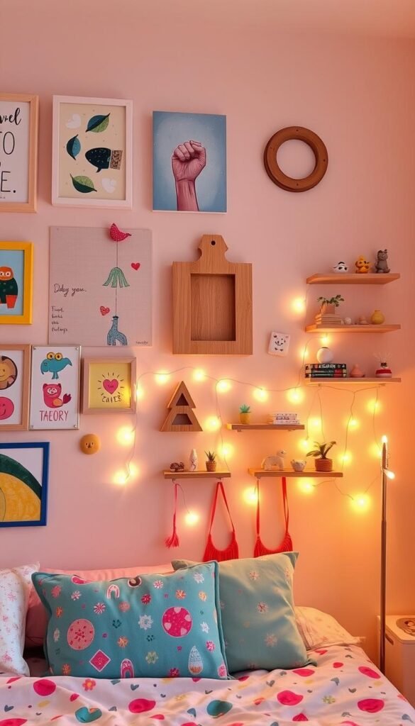 A cozy and well-decorated girl's bedroom wall, showcasing a harmonious blend of whimsical and personalized elements. The foreground features a vibrant and eclectic gallery wall, with a mix of framed prints, hand-painted canvases, and playful wall hangings that capture the girl's unique style and interests. The middle ground showcases a beautifully curated display of fairy lights, wooden wall shelves, and small decorative items that add depth and texture to the space. The background is a soft, pastel-toned wall, creating a calming and inviting atmosphere that complements the vibrant accents. The lighting is warm and natural, casting a gentle glow that enhances the overall ambiance of the room.