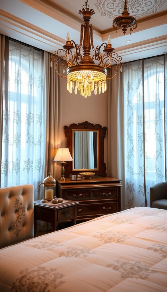 A cozy and well-lit bedroom with a mix of modern and traditional Indian design elements. In the foreground, a plush, tufted headboard with intricate embroidery and a nightstand with a delicate brass lamp casting a warm glow. The middle ground features a carved, wooden dresser with ornate handles and a large, framed mirror reflecting the scene. Hanging from the ceiling, a stunning, brass chandelier with intricate filigree illuminates the space, while the background showcases a pair of tall, arched windows draped with sheer, embroidered curtains, allowing natural light to filter in. The overall atmosphere is one of comfort, elegance, and a harmonious blend of Indian aesthetics.