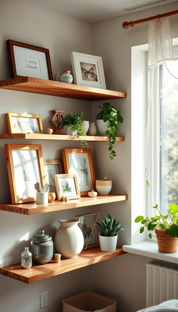 A cozy and well-organized display shelf in a bright, airy girls bedroom. The shelf features an arrangement of decorative trinkets, framed artwork, and potted plants, bathed in soft, diffused lighting from a nearby window. The shelves are made of rustic wood, complementing the pastel-colored walls and giving the space a sense of warmth and tranquility. The overall composition is visually balanced, with items of varying sizes and textures creating visual interest. Subtle reflections on the glass frames and ceramic surfaces add depth and dimensionality to the scene. A cozy and well-organized display shelf in a bright, airy girls bedroom. The shelf features an arrangement of decorative trinkets, framed artwork, and potted plants, bathed in soft, diffused lighting from a nearby window. The shelves are made of rustic wood, complementing the pastel-colored walls and giving the space a sense of warmth and tranquility. The overall composition is visually balanced, with items of varying sizes and textures creating visual interest. Subtle reflections on the glass frames and ceramic surfaces add depth and dimensionality to the scene.