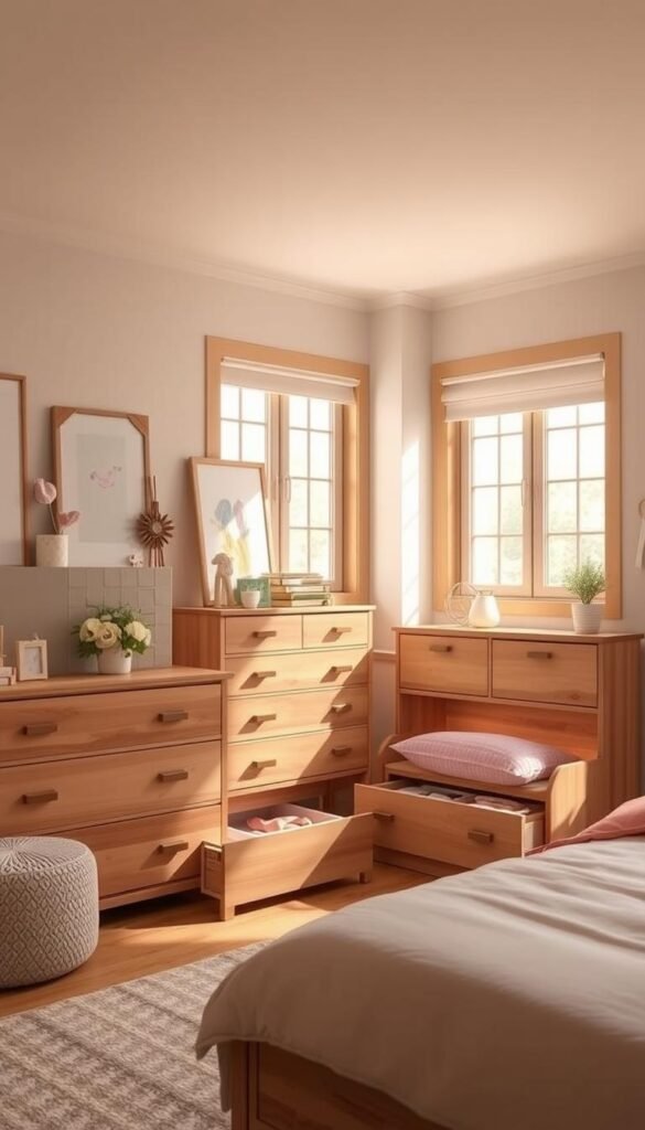 A cozy and well-organized girls' bedroom featuring a stylish storage bedroom set with clean lines and ample drawers. Warm natural lighting filters in through large windows, casting a soft glow on the wooden furniture. The set includes a dresser with multiple spacious drawers, a nightstand with a single drawer, and a low-profile bed frame with built-in storage compartments. Plush textiles in pastel hues complement the neutral wood tones, creating a serene and inviting ambiance. The room is neatly arranged, showcasing how the storage-focused design can help keep clutter at bay and maintain a harmonious, organized space.