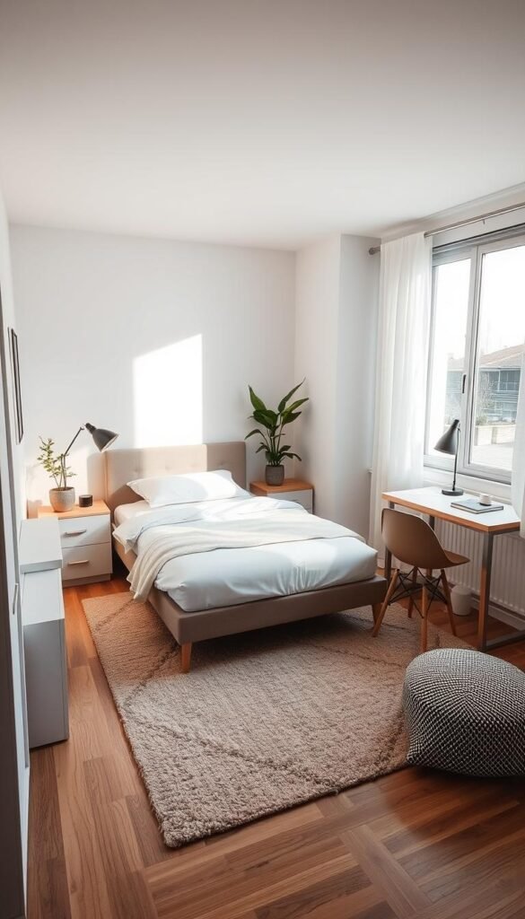 A cozy and well-organized small bedroom layout, illuminated by natural light filtering through a large window. The room features a minimalist bed frame with crisp white linens, complemented by sleek nightstands and a compact dresser. A modern desk with a chair and a potted plant add functionality and visual interest. The walls are adorned with subtle artwork, creating a serene and inviting atmosphere. The floor is covered with a plush, neutral-toned rug, tying the space together. The lighting is soft and warm, enhancing the room's tranquil ambiance. The overall composition emphasizes the efficient use of space and the harmonious balance of form and function.