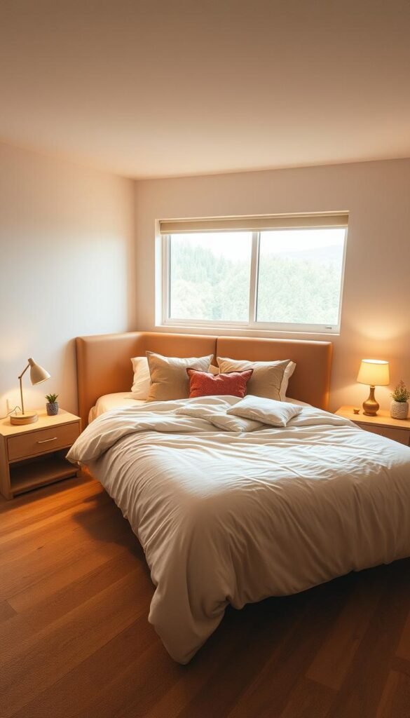 A cozy bedroom featuring a strategically placed queen-sized bed. The bed is positioned diagonally, creating an inviting focal point and maximizing the available floor space. Warm, ambient lighting casts a soft glow, accentuating the plush bedding and luxurious throw pillows. Minimalist nightstands flank the bed, topped with simple lamps and a few decorative accents. In the background, a large window allows natural light to filter in, lending an airy, serene atmosphere. The room's neutral color palette and clean lines create a sense of calm and balance, making it an ideal retreat for rest and relaxation.