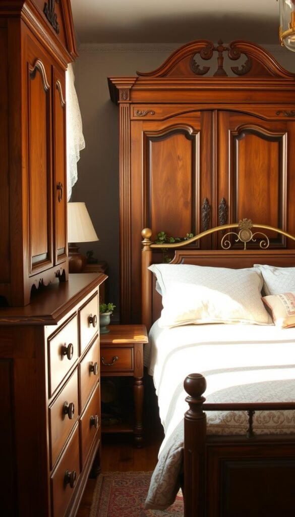 A cozy bedroom filled with vintage wood furniture pieces, bathed in warm, golden light. In the foreground, a sturdy oak dresser with intricate carving details stands tall, its weathered surface telling stories of a bygone era. A matching nightstand with a worn-in leather top sits beside an antique brass-framed bed, its plush, patterned bedding inviting you to sink in. In the background, a large, rustic armoire dominates the space, its ornate doors hinting at the treasures it holds within. Soft, diffused light filters through lace-curtained windows, casting a serene, nostalgic ambiance throughout the room.