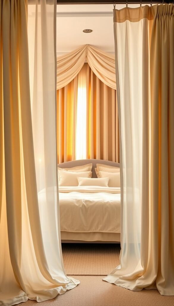 A cozy bedroom interior showcasing a comparison of different types of cream curtains. In the foreground, various curtain styles are displayed - flowing sheer panels, pleated linen drapes, and velvet swags. The middle ground features a king-size bed with a plush cream bedspread and pile of pillows, creating a soft, inviting atmosphere. The background depicts warm, natural lighting filtering through the curtains, casting a gentle glow over the scene. The overall composition highlights the textures, folds, and details of the cream curtains, allowing the viewer to appreciate the nuances between the different styles. Captured with a wide-angle lens to provide a comprehensive view of the bedroom setting.