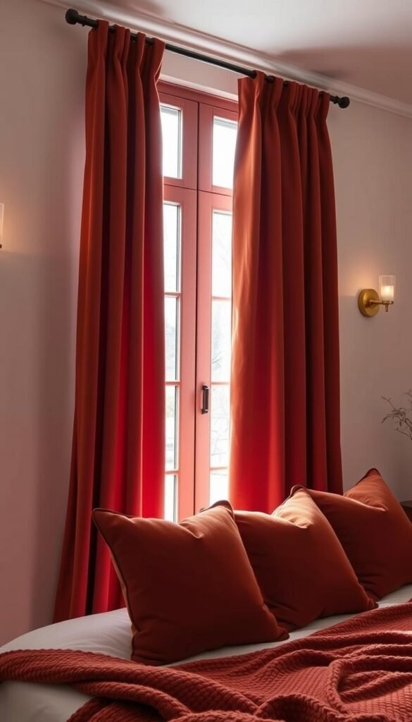 A cozy bedroom interior with a large window showcasing a properly installed curtain system for maximum warmth. The curtains are made of rich terracotta-colored velvet, hanging in elegant folds and cascading gracefully from a sleek, minimalist curtain rod. Soft, indirect lighting from a pair of wall sconces casts a warm glow, accentuating the depth and texture of the fabric. The curtains are carefully tailored to fully cover the window, overlapping at the center to create an effective seal against drafts. Plush, matching terracotta throw pillows and a cozy knitted blanket complete the inviting, hygge-inspired scene, radiating comfort and warmth. A cozy bedroom interior with a large window showcasing a properly installed curtain system for maximum warmth. The curtains are made of rich terracotta-colored velvet, hanging in elegant folds and cascading gracefully from a sleek, minimalist curtain rod. Soft, indirect lighting from a pair of wall sconces casts a warm glow, accentuating the depth and texture of the fabric. The curtains are carefully tailored to fully cover the window, overlapping at the center to create an effective seal against drafts. Plush, matching terracotta throw pillows and a cozy knitted blanket complete the inviting, hygge-inspired scene, radiating comfort and warmth.