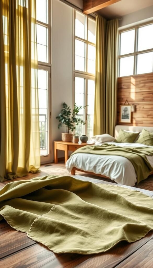 A cozy bedroom interior with an abundance of natural light pouring in through large windows. In the foreground, an assortment of olive green fabric swatches is laid out on a wooden table, inviting the viewer to touch and feel the textures. Soft, billowing curtain panels in varying shades of green hang from the windows, creating a serene and calming atmosphere. The middle ground features a plush, oversized bed with crisp, white linens, complemented by a wooden nightstand and a potted plant. The background showcases earthy, organic tones and textures, such as a wooden accent wall and a natural fiber area rug, enhancing the serene and grounding ambiance. Warm, diffused lighting casts a gentle glow, accentuating the natural materials and hues. A cozy bedroom interior with an abundance of natural light pouring in through large windows. In the foreground, an assortment of olive green fabric swatches is laid out on a wooden table, inviting the viewer to touch and feel the textures. Soft, billowing curtain panels in varying shades of green hang from the windows, creating a serene and calming atmosphere. The middle ground features a plush, oversized bed with crisp, white linens, complemented by a wooden nightstand and a potted plant. The background showcases earthy, organic tones and textures, such as a wooden accent wall and a natural fiber area rug, enhancing the serene and grounding ambiance. Warm, diffused lighting casts a gentle glow, accentuating the natural materials and hues.