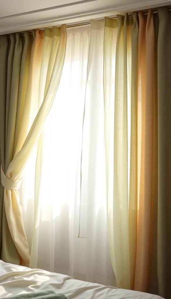 A cozy bedroom scene featuring layered sage green and cream curtains, creating a serene and inviting atmosphere. The curtains are adorned with delicate textures, flowing gracefully and casting soft, warm shadows across the room. Sunlight filters in, illuminating the layers of fabric and highlighting the interplay of shades. The curtains are meticulously styled, with subtle pleats and folds that add depth and dimension. The overall scene exudes a sense of comfort and elegance, perfectly complementing the tranquil color palette and setting the stage for a relaxing and restful environment. A cozy bedroom scene featuring layered sage green and cream curtains, creating a serene and inviting atmosphere. The curtains are adorned with delicate textures, flowing gracefully and casting soft, warm shadows across the room. Sunlight filters in, illuminating the layers of fabric and highlighting the interplay of shades. The curtains are meticulously styled, with subtle pleats and folds that add depth and dimension. The overall scene exudes a sense of comfort and elegance, perfectly complementing the tranquil color palette and setting the stage for a relaxing and restful environment.