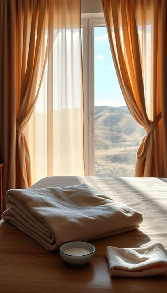 A cozy bedroom setting, sunlight streaming through delicate light brown curtains that gracefully frame the windows. In the foreground, a folded curtain panel rests on a wooden surface, showcasing its soft, luxurious texture. Nearby, a small bowl of mild detergent and a soft cloth suggest the steps for gentle cleaning. In the middle ground, the curtains sway gently, their folds casting warm, inviting shadows. In the background, a serene landscape of rolling hills and a clear blue sky can be seen through the open windows, creating a sense of tranquility. The lighting is soft and diffused, accentuating the natural beauty of the curtains and the overall ambiance of the scene. A cozy bedroom setting, sunlight streaming through delicate light brown curtains that gracefully frame the windows. In the foreground, a folded curtain panel rests on a wooden surface, showcasing its soft, luxurious texture. Nearby, a small bowl of mild detergent and a soft cloth suggest the steps for gentle cleaning. In the middle ground, the curtains sway gently, their folds casting warm, inviting shadows. In the background, a serene landscape of rolling hills and a clear blue sky can be seen through the open windows, creating a sense of tranquility. The lighting is soft and diffused, accentuating the natural beauty of the curtains and the overall ambiance of the scene.
