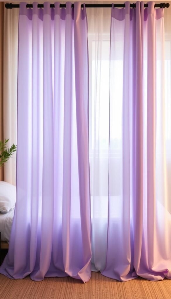 A cozy bedroom setting with soft lavender curtains cascading gracefully across the frame. The curtains are the focal point, showcasing their delicate texture and subtle sheen. The lighting is warm and inviting, casting a gentle glow that creates a relaxing atmosphere. In the foreground, three distinct curtain panels are displayed side by side, allowing for a comprehensive comparison of their design, color, and quality. The middle ground features a serene, minimalist bedroom interior with clean lines and a neutral color palette, highlighting the lavender curtains as the star of the scene. The background is blurred, drawing the viewer's attention to the curtain comparison in the foreground. A cozy bedroom setting with soft lavender curtains cascading gracefully across the frame. The curtains are the focal point, showcasing their delicate texture and subtle sheen. The lighting is warm and inviting, casting a gentle glow that creates a relaxing atmosphere. In the foreground, three distinct curtain panels are displayed side by side, allowing for a comprehensive comparison of their design, color, and quality. The middle ground features a serene, minimalist bedroom interior with clean lines and a neutral color palette, highlighting the lavender curtains as the star of the scene. The background is blurred, drawing the viewer's attention to the curtain comparison in the foreground.