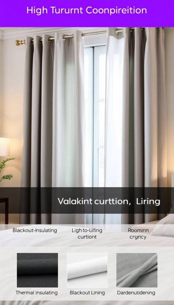 A cozy bedroom with a focus on light control and privacy. In the foreground, a set of high-quality blackout curtains in a soft, light grey hue hang from a sleek, minimalist curtain rod, their dense, opaque fabric casting a muted glow on the room. The middle ground features a variety of blackout curtain lining options, including a thermal-insulating liner, a blackout lining, and a room-darkening lining, each showcasing their unique properties and benefits. The background subtly hints at the overall bedroom decor, with muted tones and a sense of tranquility, emphasizing the importance of light control and privacy in creating a serene, restful atmosphere. Soft, diffused lighting from concealed sources illuminates the scene, enhancing the calming mood.