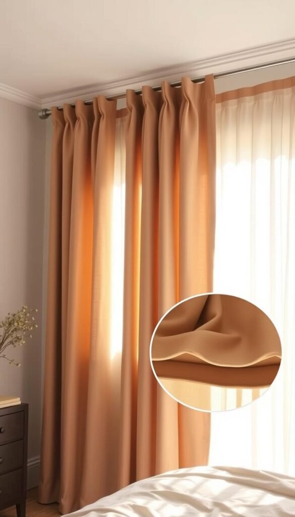 A cozy bedroom with a large window, showcasing a set of light brown curtains with distinct light control features. The curtains are made of a luxurious, semi-sheer fabric that gently diffuses the natural sunlight, creating a warm, inviting ambiance. The curtain panels feature intricate pleats and delicate folds, subtly manipulating the light to achieve the desired level of illumination and privacy. A close-up view highlights the curtain's texture and the way it effortlessly glides along the metal curtain rod, allowing for easy adjustment. The overall scene exudes a sense of comfort and relaxation, perfectly complementing the soft, earthy tones of the bedroom decor. A cozy bedroom with a large window, showcasing a set of light brown curtains with distinct light control features. The curtains are made of a luxurious, semi-sheer fabric that gently diffuses the natural sunlight, creating a warm, inviting ambiance. The curtain panels feature intricate pleats and delicate folds, subtly manipulating the light to achieve the desired level of illumination and privacy. A close-up view highlights the curtain's texture and the way it effortlessly glides along the metal curtain rod, allowing for easy adjustment. The overall scene exudes a sense of comfort and relaxation, perfectly complementing the soft, earthy tones of the bedroom decor.