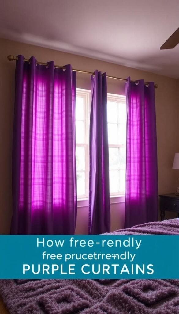 A cozy bedroom with a pair of elegant, budget-friendly purple curtains hanging from the windows, allowing soft, diffused natural light to filter through. The curtains have a simple, sleek design with subtle textures or patterns, creating a sophisticated and calming atmosphere. In the foreground, a plush area rug in complementary hues anchors the space, while in the background, a warm, neutral-toned wall provides a harmonious backdrop. The overall scene conveys a sense of relaxation and comfort, showcasing how affordable purple curtains can elevate the aesthetic of a bedroom.