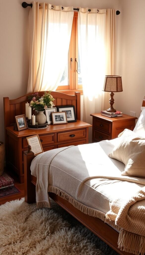 A cozy bedroom with a wooden bed frame, dresser, and nightstand. Sunlight streams through sheer curtains, casting a warm glow. On the dresser, a vase of fresh flowers, a decorative tray holding scented candles, and a few framed photographs. The nightstand features a table lamp with a woven shade, a stack of books, and a vintage alarm clock. Plush area rugs and textured throw pillows add depth and comfort to the scene. The overall atmosphere is one of relaxation and refined elegance.