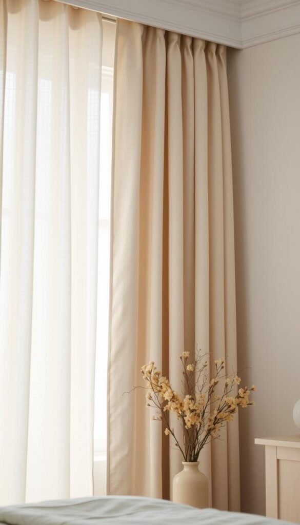 A cozy bedroom with an elegant off-white curtain panel framing the window. The curtain fabric has a subtle textural weave, creating a soft, inviting ambiance. Gentle natural light filters through, casting a warm, soothing glow on the surroundings. The curtain's color palette blends seamlessly with the tranquil, neutral-toned decor, contributing to an overall sense of calm and serenity. A shallow depth of field draws the viewer's attention to the carefully selected curtain shade, highlighting its ability to set the tone for the entire space.