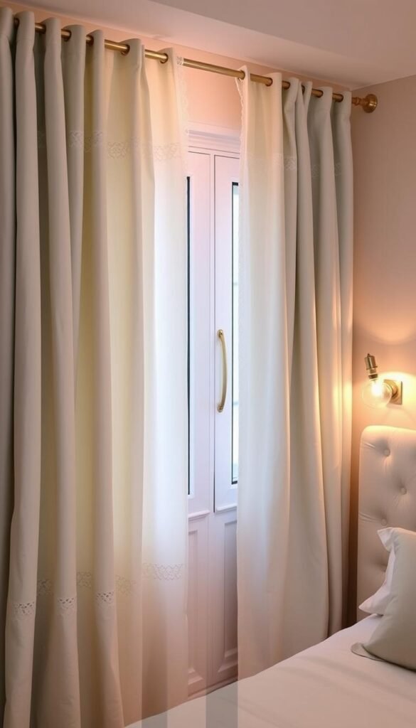 A cozy bedroom with energy-efficient curtains showcasing the insulation benefits. The curtains are made of thick, high-quality material in a soft, light blue hue, cascading gracefully over the windows. The fabric has a subtle sheen, reflecting the warm, diffused lighting from a pair of stylish sconces mounted on the walls. The curtains are drawn slightly, allowing a gentle glow to seep through, illuminating the serene, tranquil atmosphere. Delicate lace trim along the edges adds a touch of elegance. The curtains are complemented by a plush, tufted upholstered headboard, creating a harmonious and inviting space that prioritizes both style and energy efficiency. A cozy bedroom with energy-efficient curtains showcasing the insulation benefits. The curtains are made of thick, high-quality material in a soft, light blue hue, cascading gracefully over the windows. The fabric has a subtle sheen, reflecting the warm, diffused lighting from a pair of stylish sconces mounted on the walls. The curtains are drawn slightly, allowing a gentle glow to seep through, illuminating the serene, tranquil atmosphere. Delicate lace trim along the edges adds a touch of elegance. The curtains are complemented by a plush, tufted upholstered headboard, creating a harmonious and inviting space that prioritizes both style and energy efficiency.