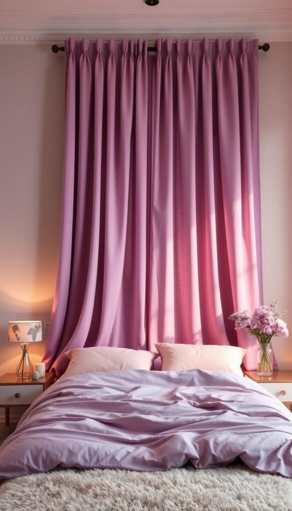 A cozy bedroom with lush mauve curtains taking center stage. The curtains are made of a luxurious, flowing fabric that cascades gracefully, casting a soft, romantic glow throughout the room. The walls are painted in a complementary neutral tone, allowing the mauve to shine. On the bedside tables, delicate glass vases hold fresh flowers in shades of lavender and lilac, echoing the hue of the curtains. The lighting is warm and diffused, creating a serene, intimate atmosphere. A plush, neutral-toned rug grounds the space, tying the color scheme together seamlessly. The overall impression is one of relaxation and elegant sophistication. A cozy bedroom with lush mauve curtains taking center stage. The curtains are made of a luxurious, flowing fabric that cascades gracefully, casting a soft, romantic glow throughout the room. The walls are painted in a complementary neutral tone, allowing the mauve to shine. On the bedside tables, delicate glass vases hold fresh flowers in shades of lavender and lilac, echoing the hue of the curtains. The lighting is warm and diffused, creating a serene, intimate atmosphere. A plush, neutral-toned rug grounds the space, tying the color scheme together seamlessly. The overall impression is one of relaxation and elegant sophistication.