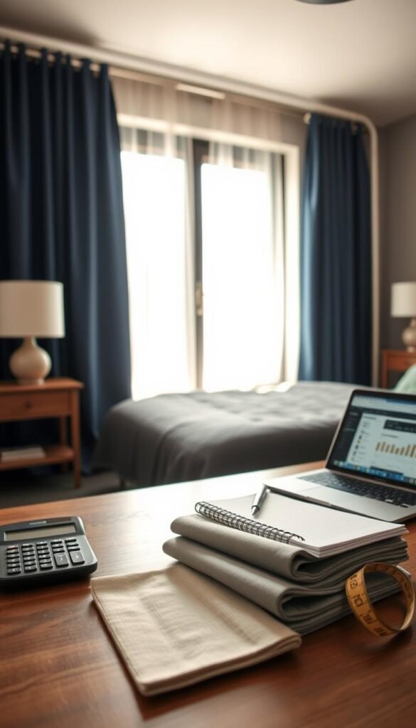 A cozy bedroom with navy blue curtains, sunlight filtering through, casting a warm glow. On a wooden table, a calculator, notepad, and pen, representing the budgeting process. In the foreground, neatly folded fabric swatches and a tape measure, hinting at the planning involved. The middle ground features a laptop open, displaying pricing and product information. The background showcases a neutral-toned wall, creating a sense of depth and focus on the curtain project planning. Soft, muted tones evoke a relaxed, thoughtful atmosphere, reflecting the care and consideration put into the budgeting process.
