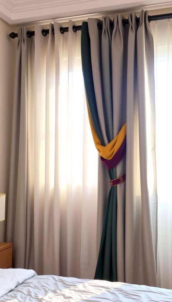 A cozy bedroom with neutral gray and white curtains, bathed in soft, warm lighting. In the foreground, a vibrant array of accent colors - deep burgundy, mustard yellow, and forest green - elegantly draped across the curtain rod, adding depth and visual interest to the serene space. The middle ground showcases the neutral curtains, their elegant folds and textures complementing the overall color palette. In the background, a gentle, hazy atmosphere sets the mood, creating a harmonious and inviting ambiance.