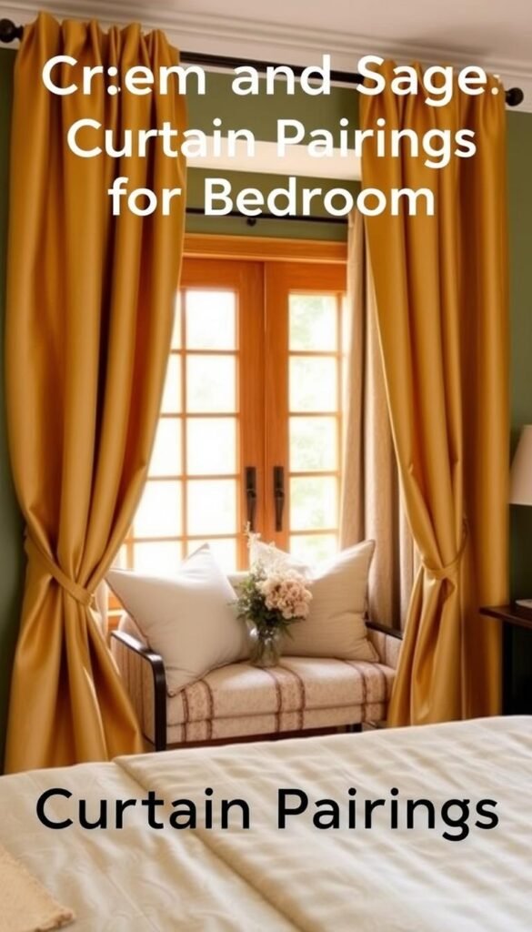 A cozy bedroom with sage green walls, showcasing a thoughtful selection of curtain colors. In the foreground, a pair of lush, flowing curtains in a warm, earthy tone, such as a rich ochre or a muted mustard, frame the view. The middle ground features a tasteful arrangement of textiles and accessories, including plush throw pillows and a delicate floral accent piece, all harmonizing with the sage palette. Warm, natural lighting filters through the curtains, casting a soft, inviting glow and highlighting the textures of the fabrics. The overall atmosphere evokes a sense of tranquility and refined elegance, perfectly suited for the "Cream and Sage Curtain Pairings for Bedrooms" article. A cozy bedroom with sage green walls, showcasing a thoughtful selection of curtain colors. In the foreground, a pair of lush, flowing curtains in a warm, earthy tone, such as a rich ochre or a muted mustard, frame the view. The middle ground features a tasteful arrangement of textiles and accessories, including plush throw pillows and a delicate floral accent piece, all harmonizing with the sage palette. Warm, natural lighting filters through the curtains, casting a soft, inviting glow and highlighting the textures of the fabrics. The overall atmosphere evokes a sense of tranquility and refined elegance, perfectly suited for the "Cream and Sage Curtain Pairings for Bedrooms" article.