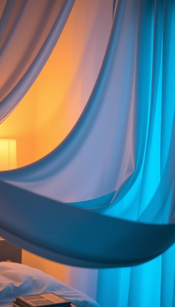 A cozy bedroom with soft blue curtains flowing in the gentle breeze. Warm, diffused lighting from a pair of table lamps illuminates the fabric, accentuating its rich, velvety texture. The lighting creates a calming, serene ambiance, casting a soothing, ethereal glow throughout the space. Subtle shadows play across the curtains, adding depth and dimension. The overall lighting setup is meticulously balanced, ensuring the blue curtains take center stage, inviting relaxation and tranquility.