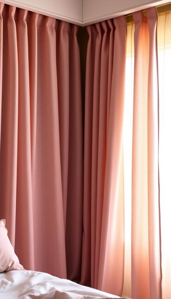 A cozy bedroom with soft, flowing mauve curtains that elegantly frame the large window, allowing warm, natural light to filter through. The curtains have a subtle sheen and a delicate, textured pattern, creating a sense of refined elegance. The fabric cascades gracefully, creating gentle folds and subtle drapes that add depth and dimension to the scene. The lighting is soft and diffused, casting a warm, inviting glow throughout the space, enhancing the romantic ambiance. The curtains are expertly tailored, with clean lines and a high-quality finish, conveying a sense of craftsmanship and attention to detail, all while remaining budget-friendly. A cozy bedroom with soft, flowing mauve curtains that elegantly frame the large window, allowing warm, natural light to filter through. The curtains have a subtle sheen and a delicate, textured pattern, creating a sense of refined elegance. The fabric cascades gracefully, creating gentle folds and subtle drapes that add depth and dimension to the scene. The lighting is soft and diffused, casting a warm, inviting glow throughout the space, enhancing the romantic ambiance. The curtains are expertly tailored, with clean lines and a high-quality finish, conveying a sense of craftsmanship and attention to detail, all while remaining budget-friendly.
