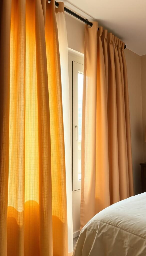 A cozy bedroom with warm, light brown curtains that gently sway, their soft folds creating a sense of privacy and comfort. The curtains are made of a luxurious, textured fabric that filters the natural light, casting a gentle glow throughout the space. The lighting is soft and diffused, creating a calming atmosphere. In the foreground, the curtains hang elegantly, their pleats and drapes adding depth and dimension. In the middle ground, the curtains frame the window, allowing just the right amount of light to filter in. In the background, the walls are a complementary neutral color, enhancing the warm, inviting ambiance. The overall scene exudes a sense of relaxation and tranquility, highlighting the key benefits of choosing warm brown bedroom curtains. A cozy bedroom with warm, light brown curtains that gently sway, their soft folds creating a sense of privacy and comfort. The curtains are made of a luxurious, textured fabric that filters the natural light, casting a gentle glow throughout the space. The lighting is soft and diffused, creating a calming atmosphere. In the foreground, the curtains hang elegantly, their pleats and drapes adding depth and dimension. In the middle ground, the curtains frame the window, allowing just the right amount of light to filter in. In the background, the walls are a complementary neutral color, enhancing the warm, inviting ambiance. The overall scene exudes a sense of relaxation and tranquility, highlighting the key benefits of choosing warm brown bedroom curtains.