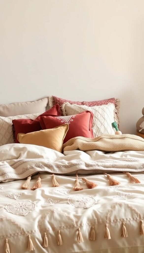 A cozy bohemian-inspired bedroom scene, featuring a plush, layered bedding arrangement. In the foreground, a neutral-toned duvet cover is decorated with boho-chic patterns and textures, such as tassels, embroidered accents, and subtle metallic details. Atop this, an assortment of colorful throw pillows in various shapes, sizes, and materials, including velvet, macrame, and patterned fabrics, create a visually engaging display. In the middle ground, a woven blanket or textured coverlet in earthy tones adds depth and visual interest. The background showcases a minimalist wall, allowing the bedding to be the focal point, with soft, diffused lighting from a nearby window casting a warm, inviting glow over the scene. The overall atmosphere is one of cozy, bohemian-inspired comfort and style. Prompt A cozy bohemian-inspired bedroom scene, featuring a plush, layered bedding arrangement. In the foreground, a neutral-toned duvet cover is decorated with boho-chic patterns and textures, such as tassels, embroidered accents, and subtle metallic details. Atop this, an assortment of colorful throw pillows in various shapes, sizes, and materials, including velvet, macrame, and patterned fabrics, create a visually engaging display. In the middle ground, a woven blanket or textured coverlet in earthy tones adds depth and visual interest. The background showcases a minimalist wall, allowing the bedding to be the focal point, with soft, diffused lighting from a nearby window casting a warm, inviting glow over the scene. The overall atmosphere is one of cozy, bohemian-inspired comfort and style. Prompt