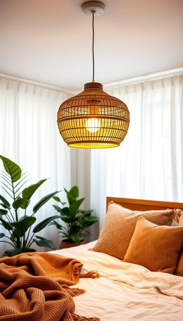 A cozy boho-inspired bedroom with a rattan pendant light casting a warm, diffused glow. The pendant is suspended from the ceiling, its organic, woven texture contrasting with the clean lines of the room. Lush house plants and textured throw pillows add to the relaxed, earthy ambiance. Soft, natural light filters through sheer curtains, creating a serene and inviting atmosphere. The camera angle is slightly elevated, showcasing the pendant light as the focal point while providing a comprehensive view of the bedroom styling. Overall, the image conveys a harmonious, soothing boho aesthetic perfect for a cozy, relaxing space.