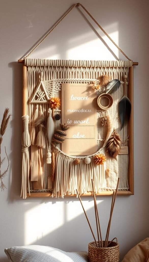 A cozy boho-inspired vision board, adorned with a collage of natural textures, earthy tones, and whimsical accents. Hanging on a light-filled wall, the board features woven macrame, dried floral sprigs, and intricate feathers in an inviting arrangement. Soft, diffused lighting casts a warm, dreamlike glow, evoking a sense of relaxation and inspiration. Delicate wisps of smoke from incense sticks curl through the frame, adding to the serene, meditative atmosphere. Positioned prominently, this vision board serves as a source of creative motivation and a reflection of the boho-chic aesthetic that defines the room.