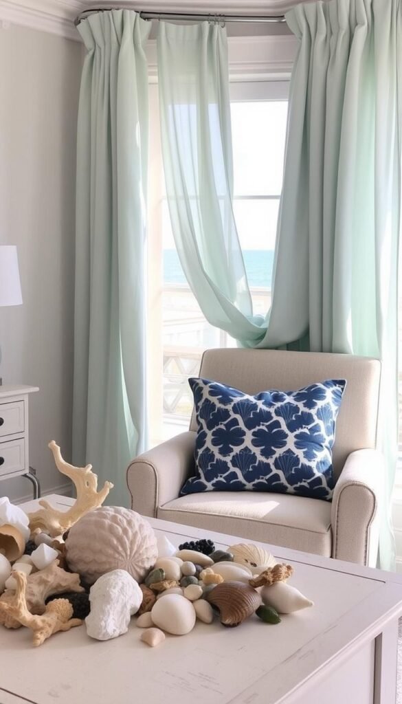 A cozy coastal bedroom scene with calming ocean hues. In the foreground, an array of decorative shells, driftwood, and sea glass artfully arranged on a whitewashed wood nightstand. The middle ground features a plush, navy blue-and-white patterned throw pillow resting on a linen-upholstered armchair. In the background, sheer, billowing curtains in a soft, seafoam green gently sway, framing a view of a tranquil seascape through a large window. Soft, natural lighting filters in, creating a serene and relaxing atmosphere.