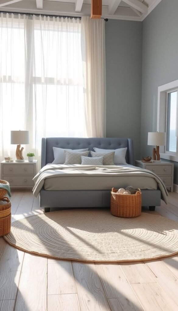 A cozy coastal bedroom with soft blue-gray hues and natural textures. In the foreground, a plush, tufted headboard in a muted shade of blue, flanked by simple nightstands with driftwood-inspired lamps. Sheer, white curtains billow gently, framing a view of the distant horizon through large, picture windows. Sunlight filters in, casting a warm, golden glow on the weathered, whitewashed wood floors. In the middle ground, a soft, textured area rug in a subtle, nautical-inspired pattern. Decorative elements like woven baskets, seashells, and driftwood accents add to the serene, calming atmosphere. The overall mood is one of relaxation and tranquility, evoking the peaceful ambiance of a seaside retreat.
