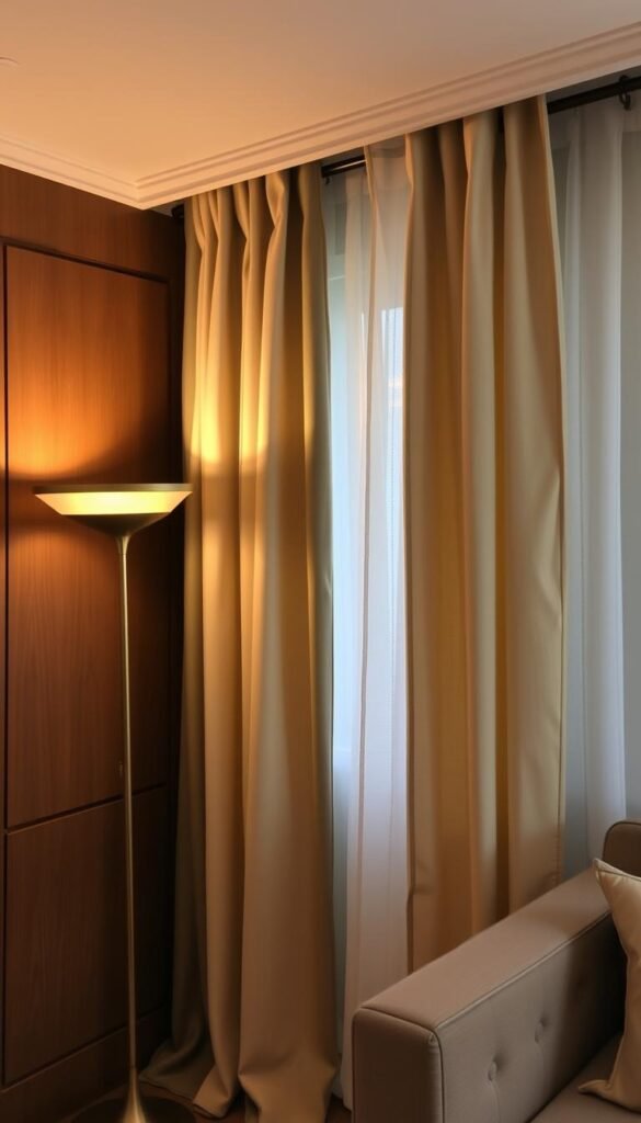 A cozy, dimly lit room with warm wood accents and soft, neutral curtains. The curtains hang elegantly, their gentle folds and subtle tones reflecting the room's undertones. A floor lamp casts a golden glow, illuminating the fabric and highlighting the interplay of beige, grey, and taupe hues. The curtains seamlessly blend with the room's neutral palette, creating a harmonious and inviting atmosphere. The camera captures the scene from a slightly elevated angle, showcasing the curtains' graceful drape and the way they complement the surrounding decor. A cozy, dimly lit room with warm wood accents and soft, neutral curtains. The curtains hang elegantly, their gentle folds and subtle tones reflecting the room's undertones. A floor lamp casts a golden glow, illuminating the fabric and highlighting the interplay of beige, grey, and taupe hues. The curtains seamlessly blend with the room's neutral palette, creating a harmonious and inviting atmosphere. The camera captures the scene from a slightly elevated angle, showcasing the curtains' graceful drape and the way they complement the surrounding decor.
